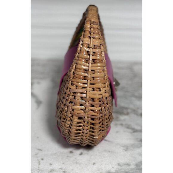 Kate Spade Pink Leather Wicker Straw Handbag Purse - Picture 2 of 14